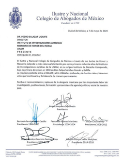 El Ilustre y Nacional Colegio de Abogados de México, felicita al Instituto de Investigaciones Jurídicas de la UNAM por sus ochenta años.