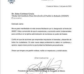 Dr. Jaime Cárdenas García: Titular del Instituto Para Devolverle al Pueblo lo Robado (INDEP).  Fecha: 2 de junio de 2020